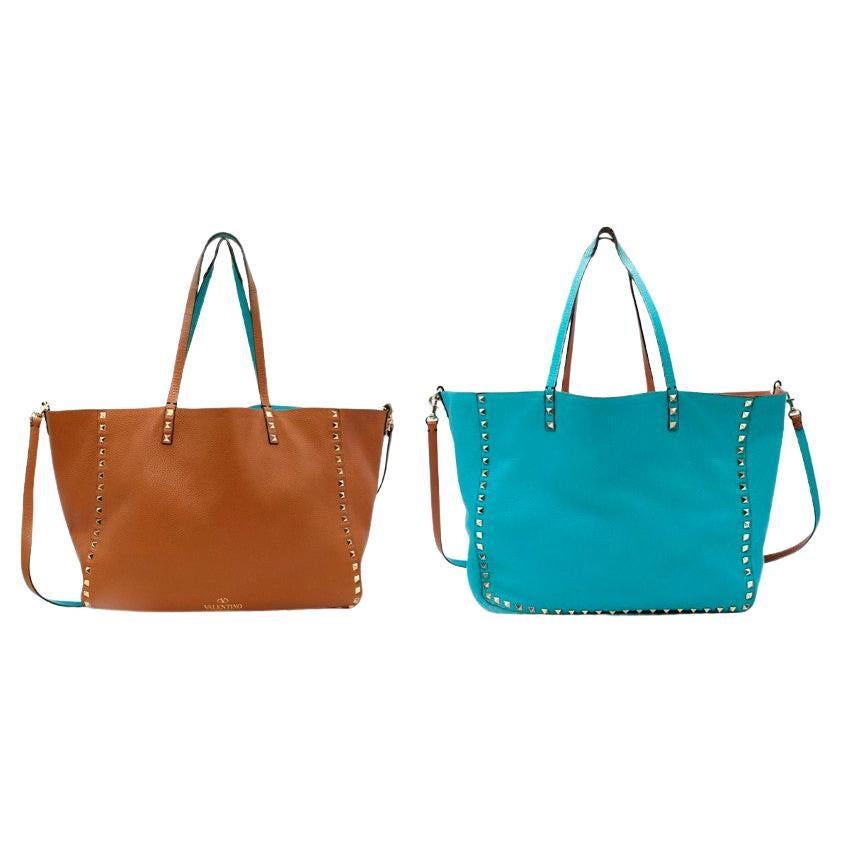 Valentino Aqua Blue/Tan Leather Rockstud Reversible Tote Shoulder Bag For Sale