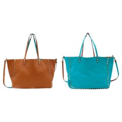 Valentino Aqua Blue/Tan Leather Rockstud Reversible Tote Shoulder Bag