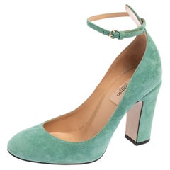 Valentino Aqua Green Suede Ankle Strap Block Heel Sandals Size 37.5