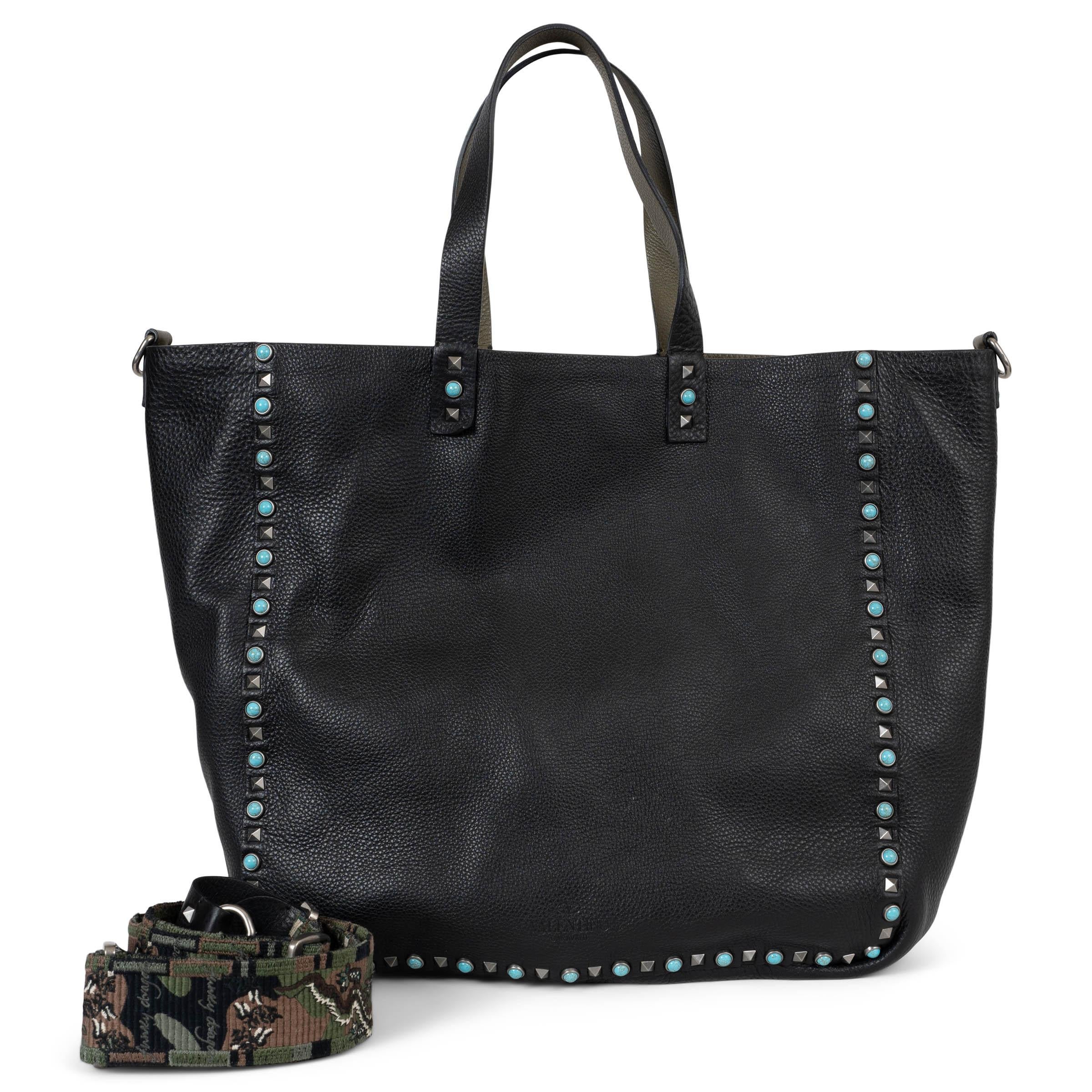 VALENTINO Armee & Schwarze & schwarze Leder Wendbare ROCKSTUD ROLLING MEDIUM Tote Bag Damen im Angebot