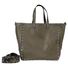 VALENTINO army & black leather REVERSIBLE ROCKSTUD ROLLING MEDIUM Tote Bag