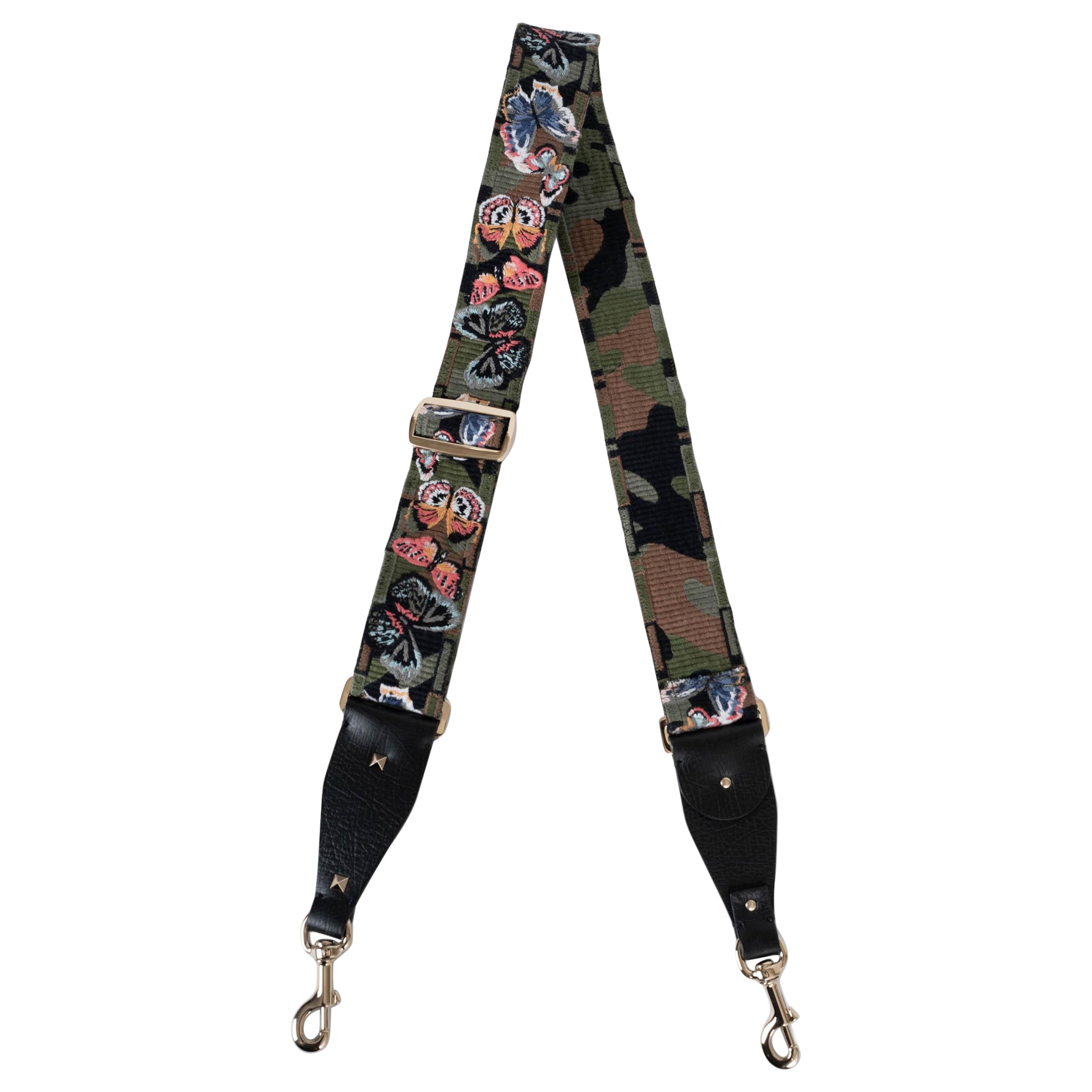 Valentino tela verde militare CAMU BUTTERFLY EMBROIDERED GUITAR Borsa Strap