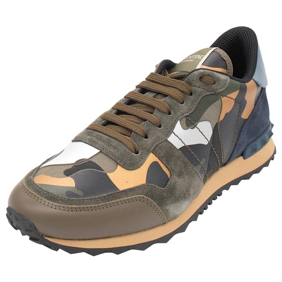 Valentino Army Green Fabric and Leather Camouflage Rockrunner Sneakers Size 42