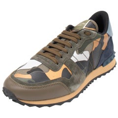 Valentino Army Green Fabric and Leather Camouflage Rockrunner Sneakers Size 43