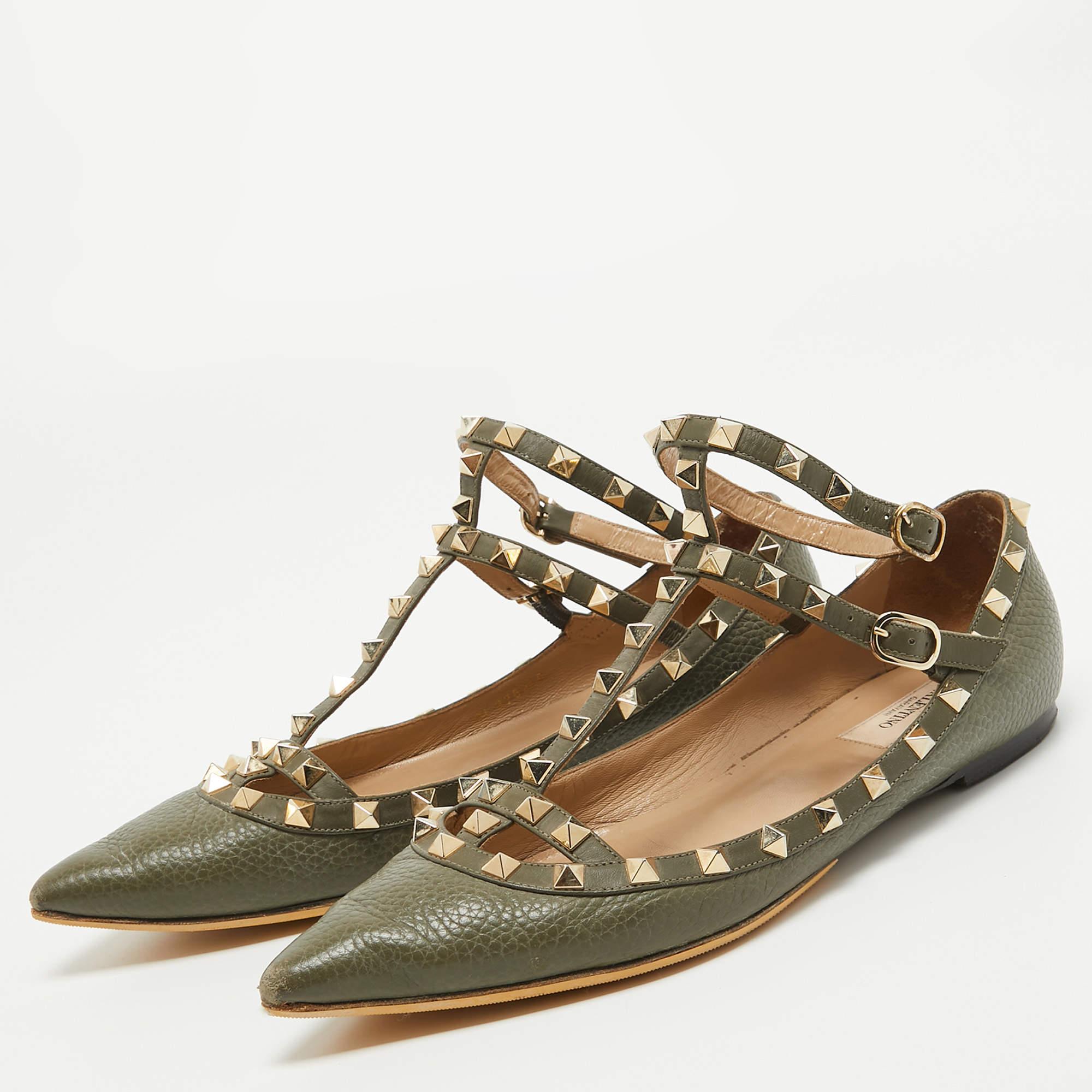 Valentino Army Green Leather Rockstud Ankle Strap Ballet Flats Size 40 For Sale 1