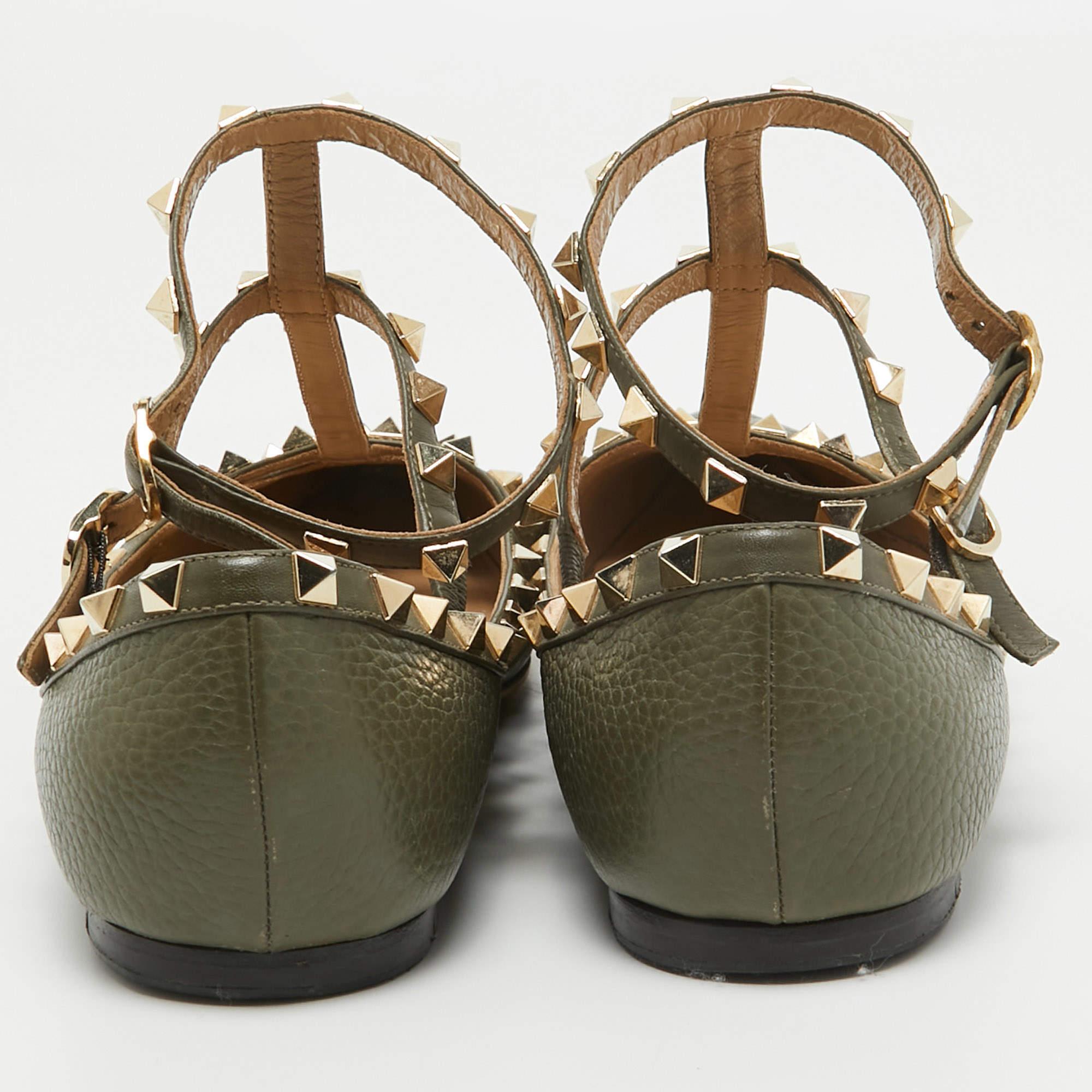Valentino Army Green Leather Rockstud Ankle Strap Ballet Flats Size 40 For Sale 2