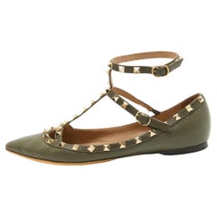 Used Valentino Army Green Leather Rockstud Ankle Strap Ballet Flats Size 40