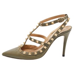 Valentino Army Green Leather Rockstud Ankle Strap Pumps Size 38.5