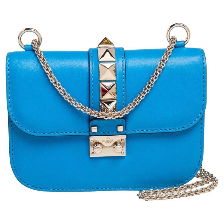 Valentino Azure Blue Leather Small Rockstud Glam Lock Flap Bag at 1stDibs
