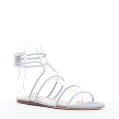 VALENTINO baby blue velvet trim clear PVC strappy flat sandals EU37