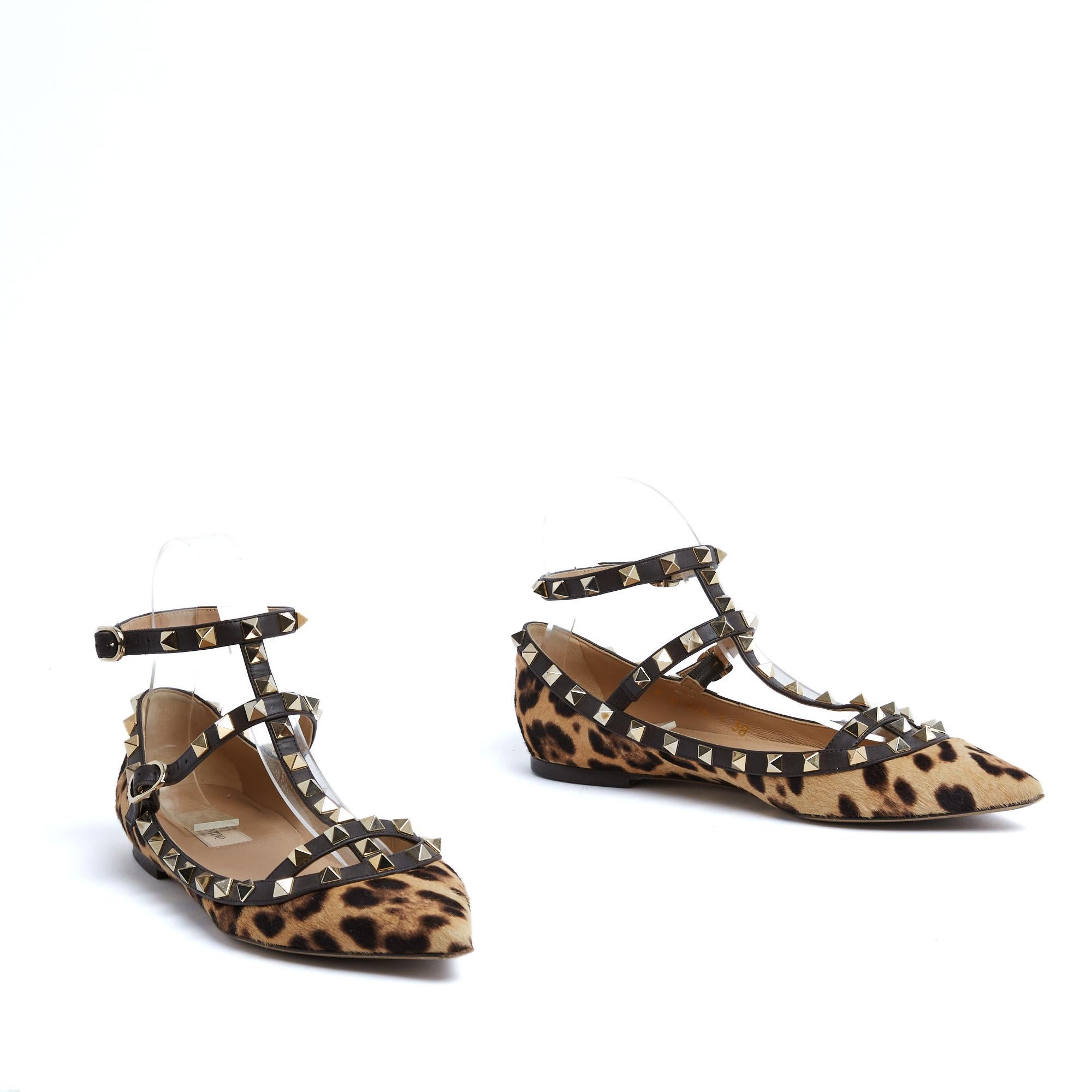Noir Valentino Ballerines Rockstud EU38 Panther Foal Leather Ballet Shoes UK5 US7.5 en vente