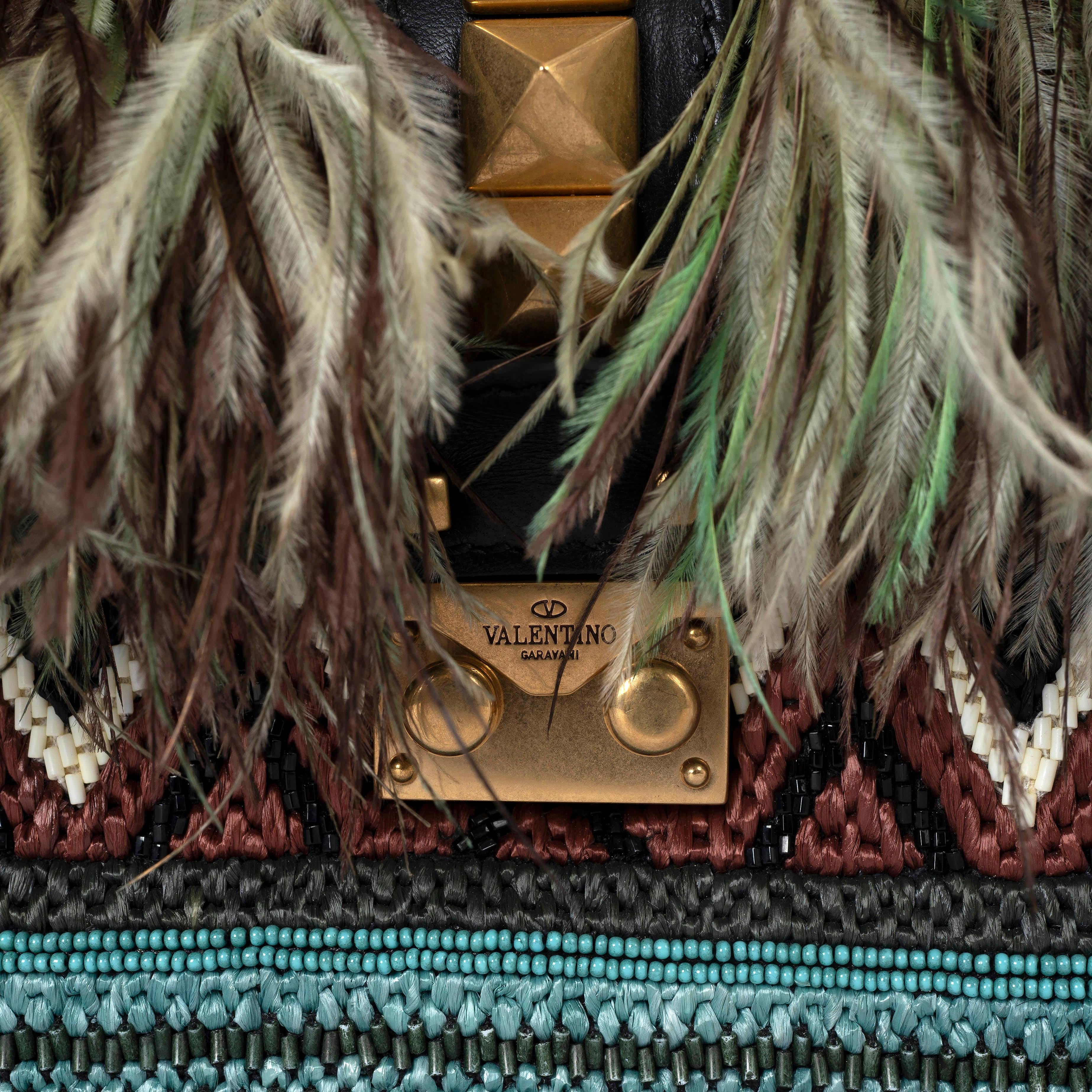 Women's VALENTINO beaded raffia & feather 2016 GLAM LOCK MINI Shoulder Bag For Sale