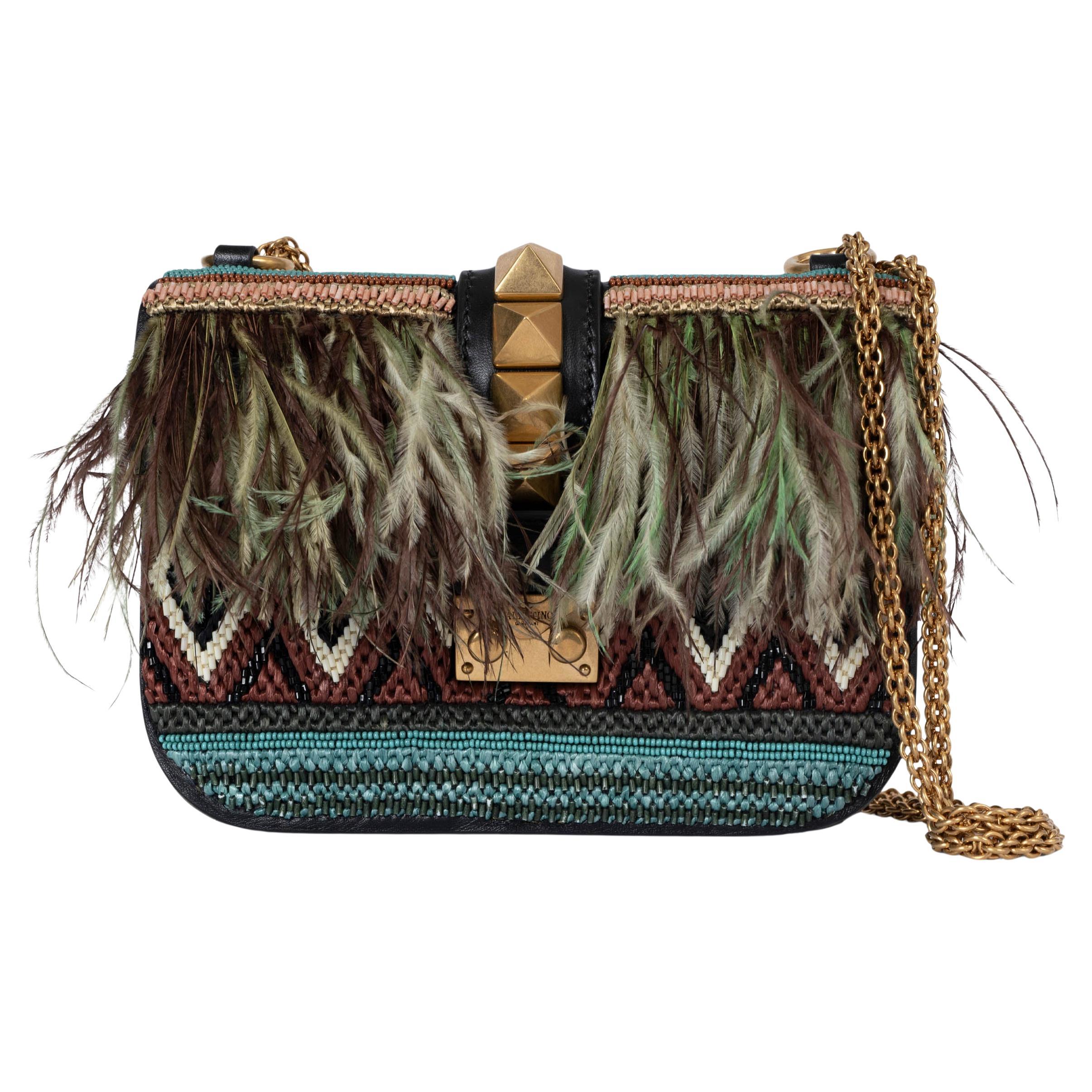 VALENTINO beaded raffia & feather 2016 GLAM LOCK MINI Shoulder Bag For Sale