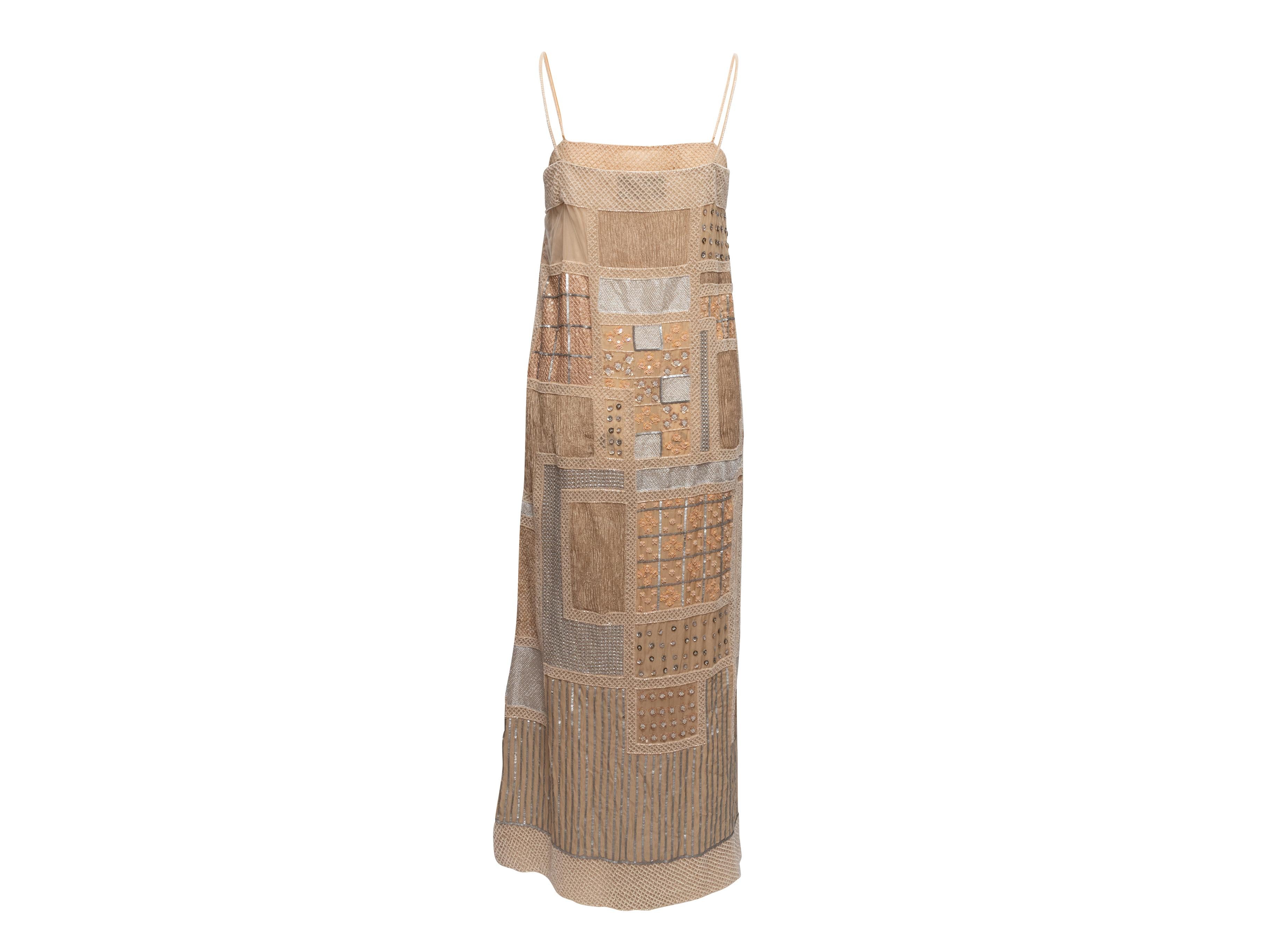 Valentino Beige Beaded Spaghetti Strap Evening Dress In Good Condition In New York, NY