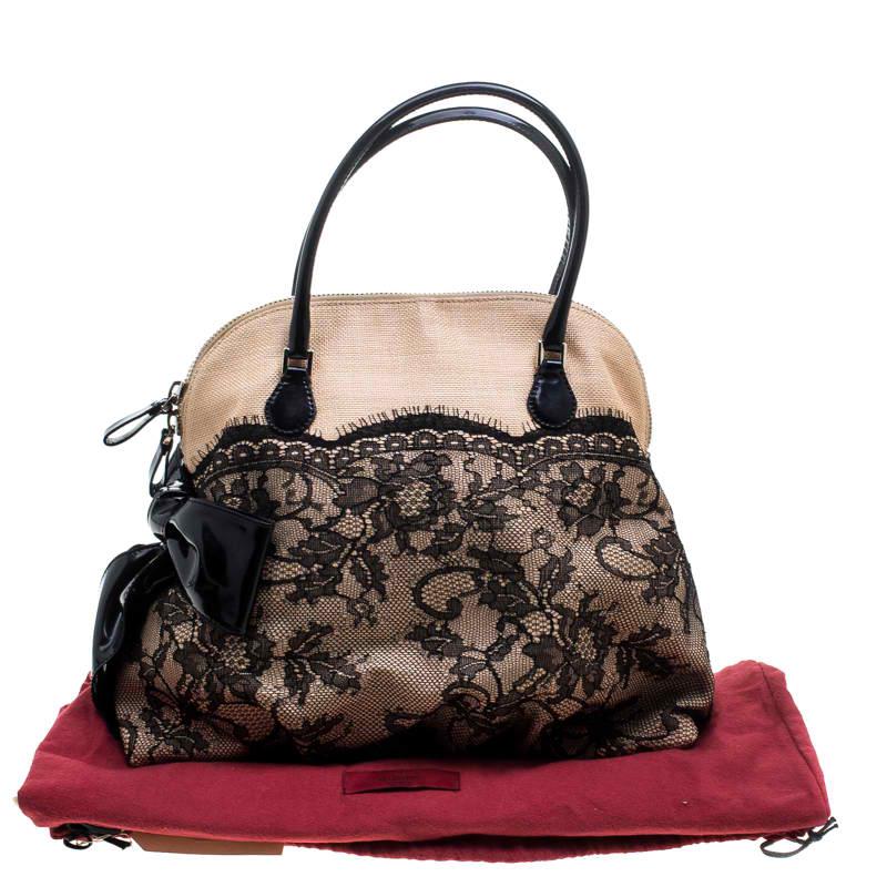 Valentino Beige/Black Canvas and Lace Bow Dome Satchel 8