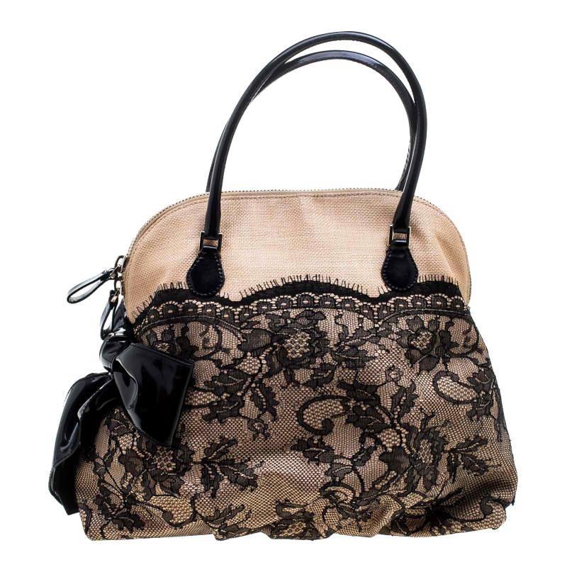 Valentino Beige/Black Canvas and Lace Bow Dome Satchel