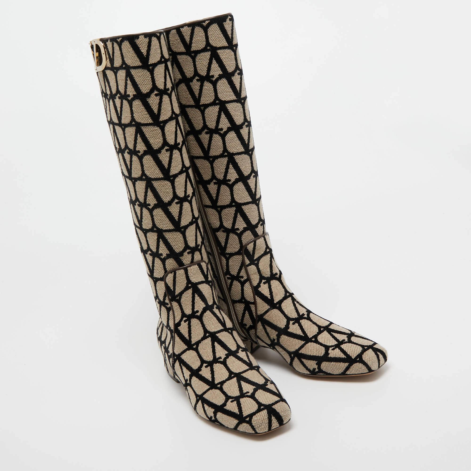 Valentino Beige/Black Canvas Toile Iconographe Knee Length Boots Size 38 For Sale 1
