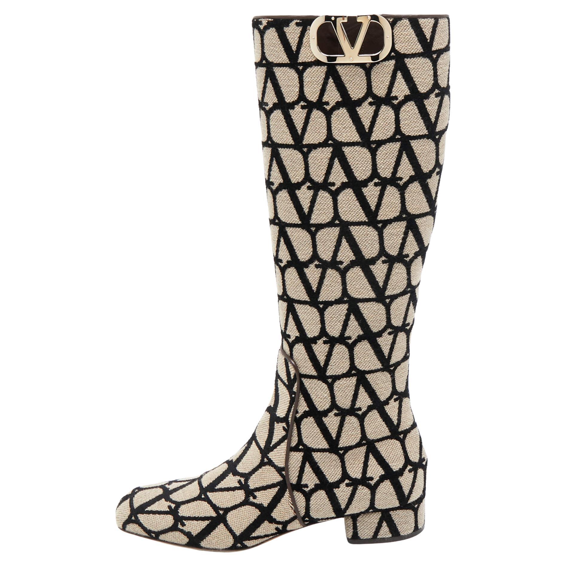 Valentino Beige/Black Canvas Toile Iconographe Knee Length Boots Size 38 For Sale