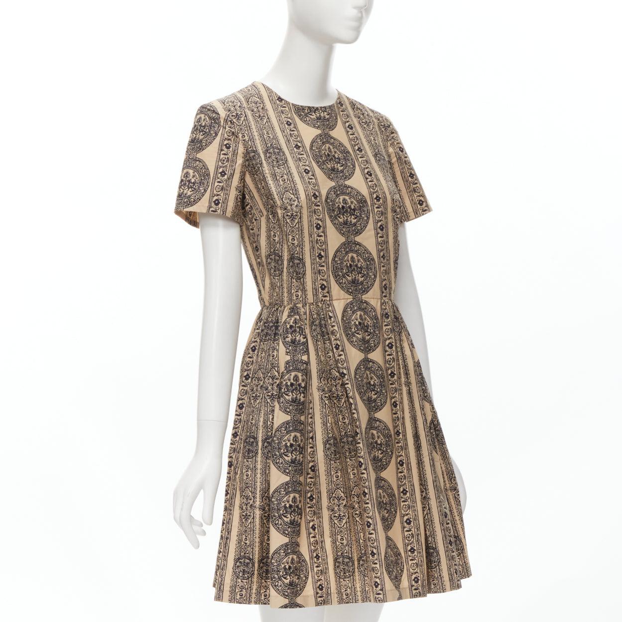 Brown VALENTINO beige black coin medallion print cotton Bambolina dress IT40 XS For Sale