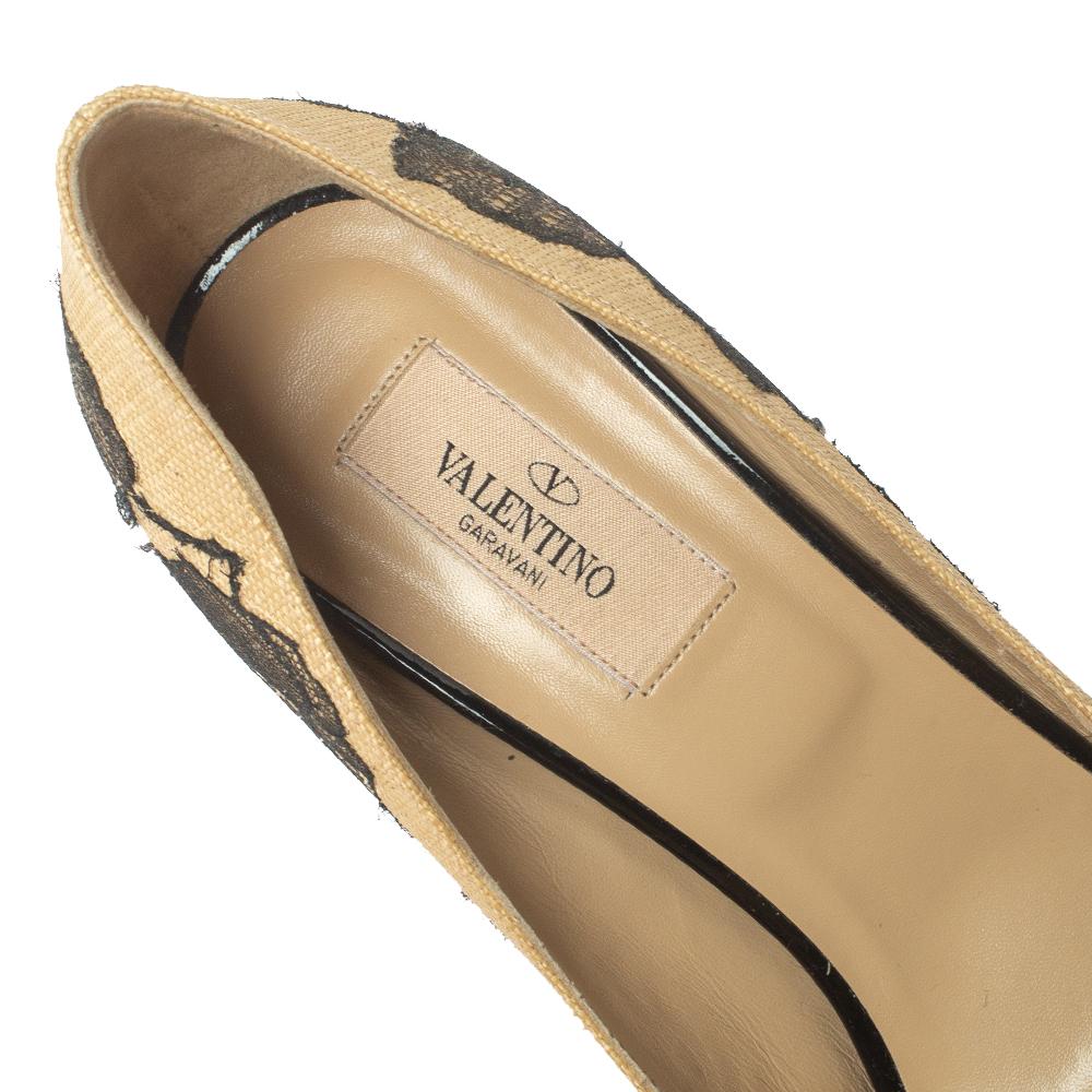 Valentino Beige/Black Lace And Raffia Bow Peep Toe Platform Pumps Size 38.5 2