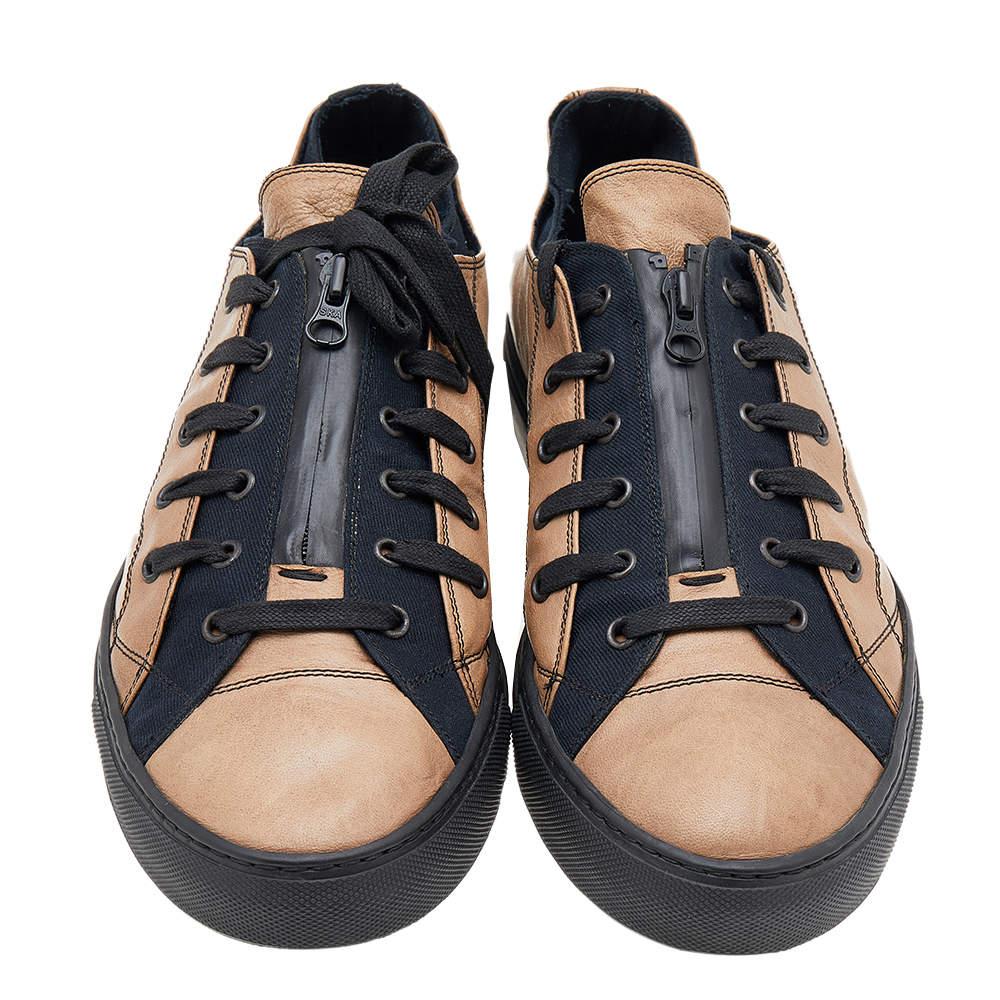 Valentino Beige/Black Leather And Canvas Zip Detail Low Top Sneakers Size 46 For Sale 3