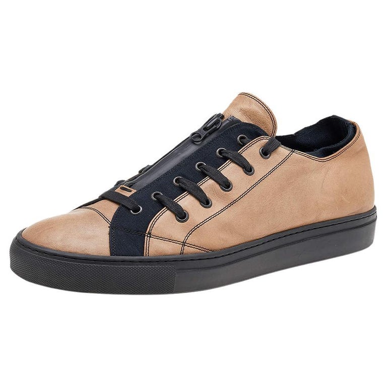 Valentino Beige/Black Leather And Canvas Zip Low Sneakers 46 For Sale at 1stDibs
