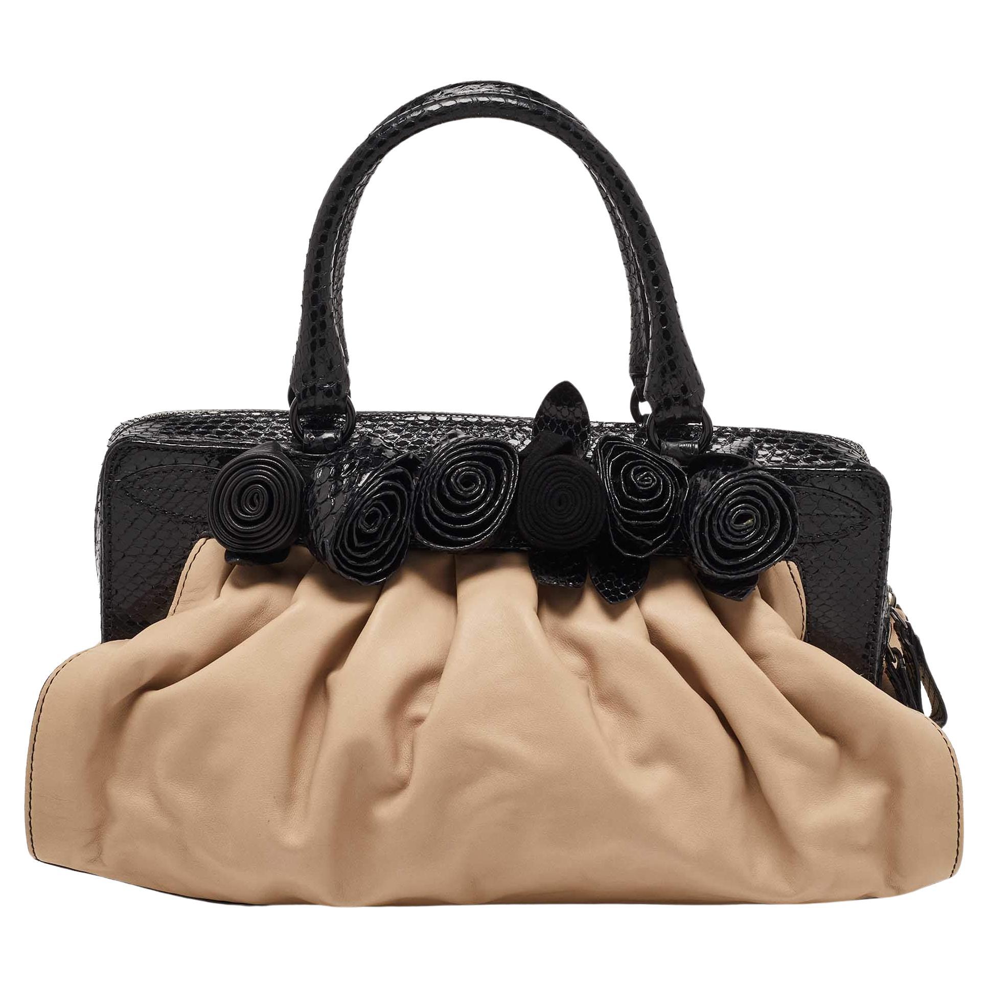 Valentino Beige/Black Leather and Watersnake Lacca Fleur Frame Satchel For Sale