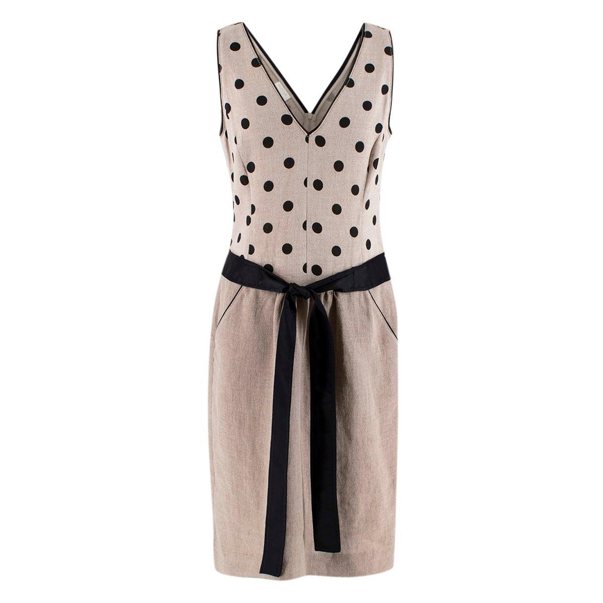 Valentino Beige & Black Linen-blend Dotted Dress - US size 8  For Sale