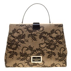 Valentino Beige/Black Raffia and Lace Top Handle Bag