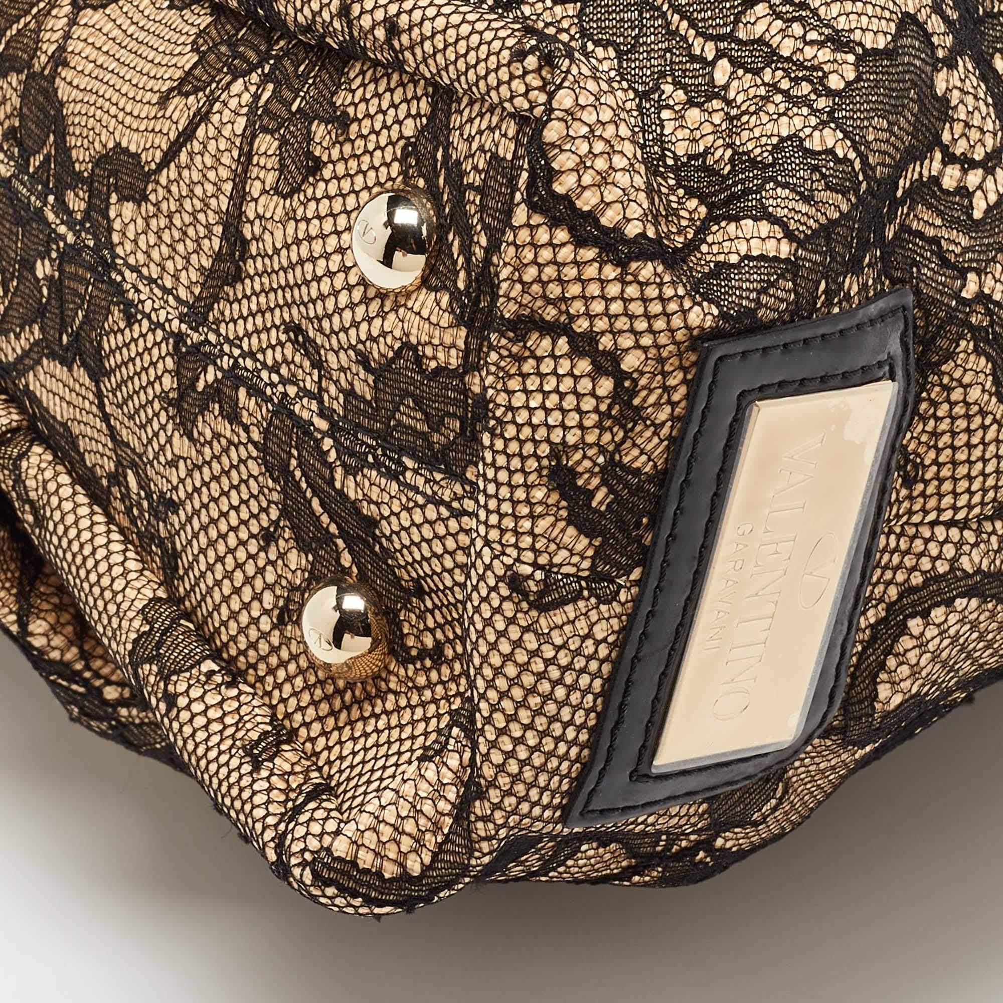 Valentino Beige/Black Raffia, Patent Leather and Lace Bow Dome Satchel For Sale 9