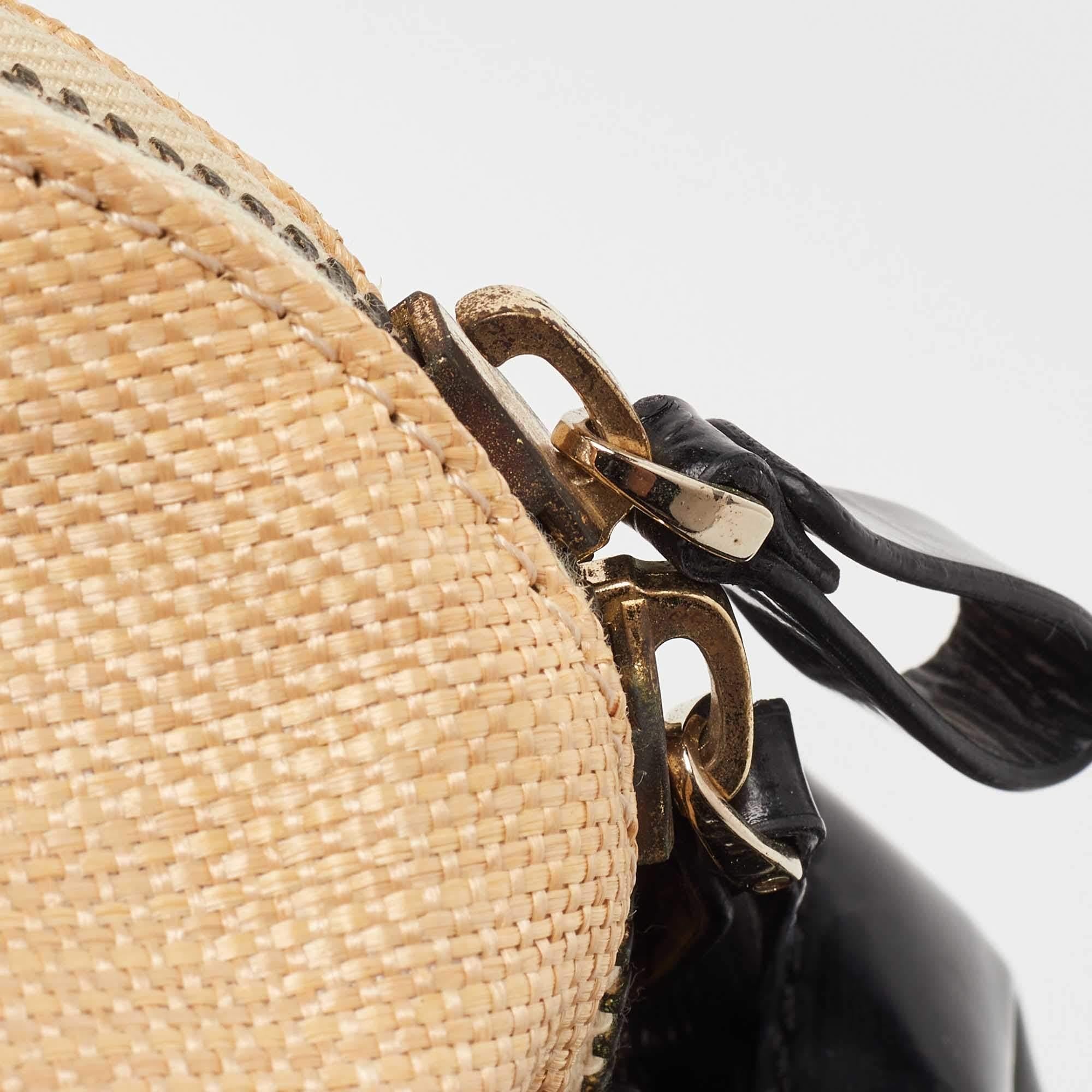 Valentino Beige/Black Raffia, Patent Leather and Lace Bow Dome Satchel For Sale 2