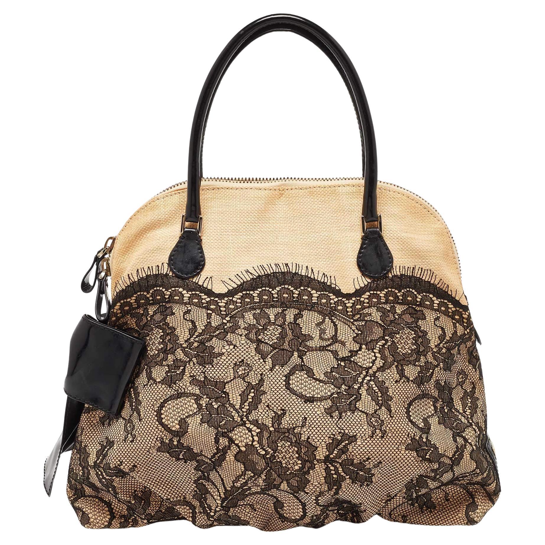 Valentino Beige/Black Raffia, Patent Leather and Lace Bow Dome Satchel For Sale