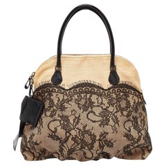 Used Valentino Beige/Black Raffia, Patent Leather and Lace Bow Dome Satchel