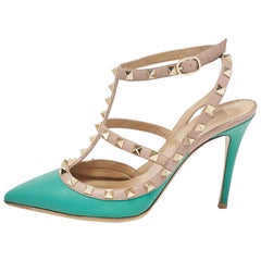 Valentino Beige/Blue Leather Rockstud Pumps Size 37.5