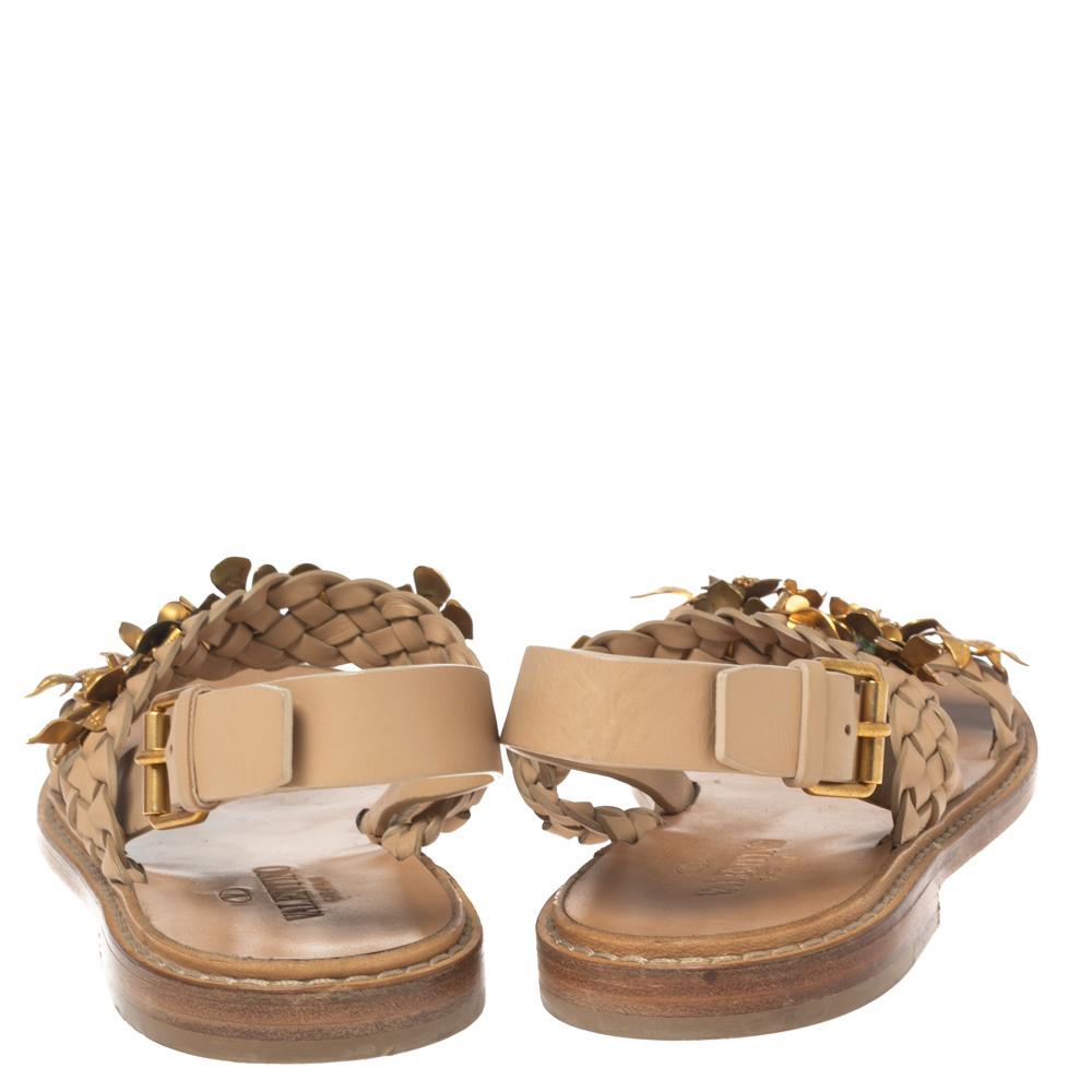 Valentino Beige Braided Leather Floral Embellished Flat Sandals Size 38 1