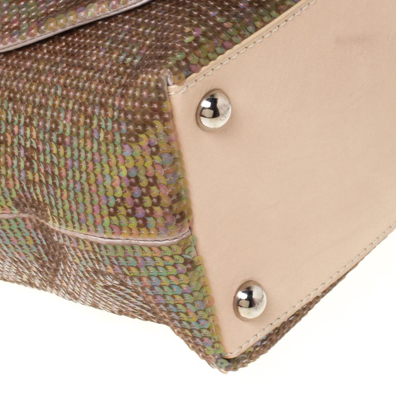 Valentino Beige/Bronze Sequins and Leather Petale Tote 7