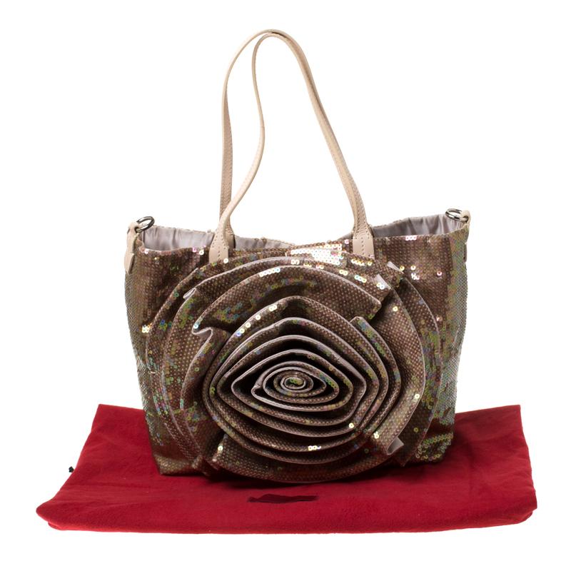 Valentino Beige/Bronze Sequins and Leather Petale Tote 8