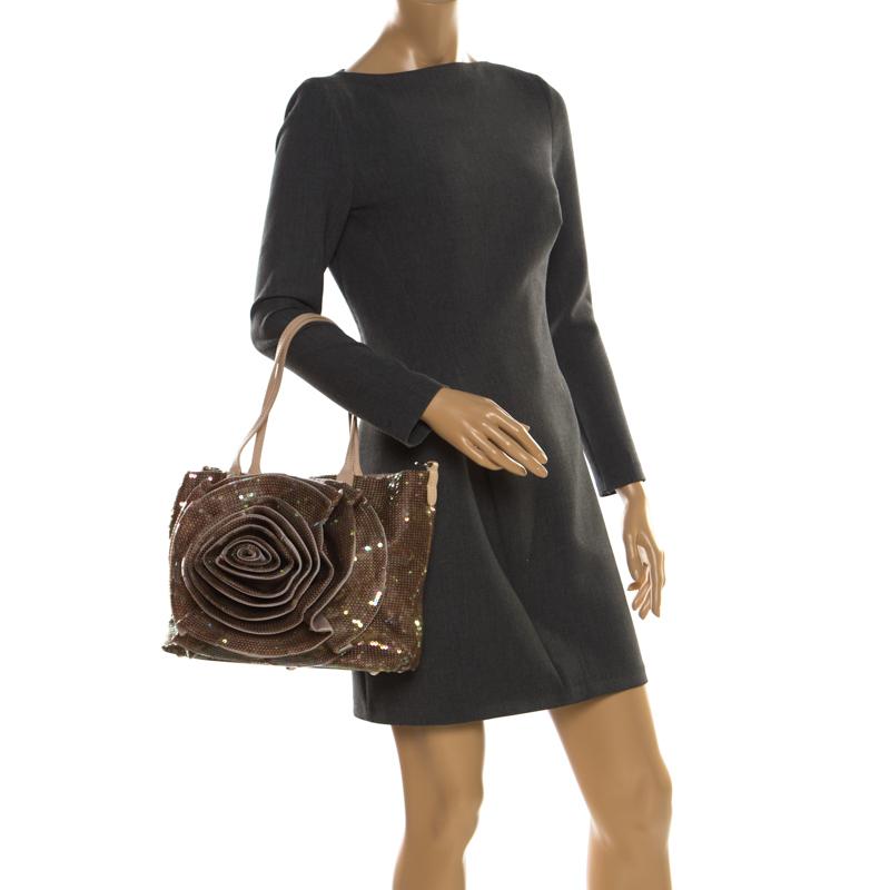 Brown Valentino Beige/Bronze Sequins and Leather Petale Tote