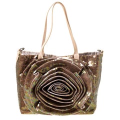 Valentino Beige/Bronze Sequins and Leather Petale Tote