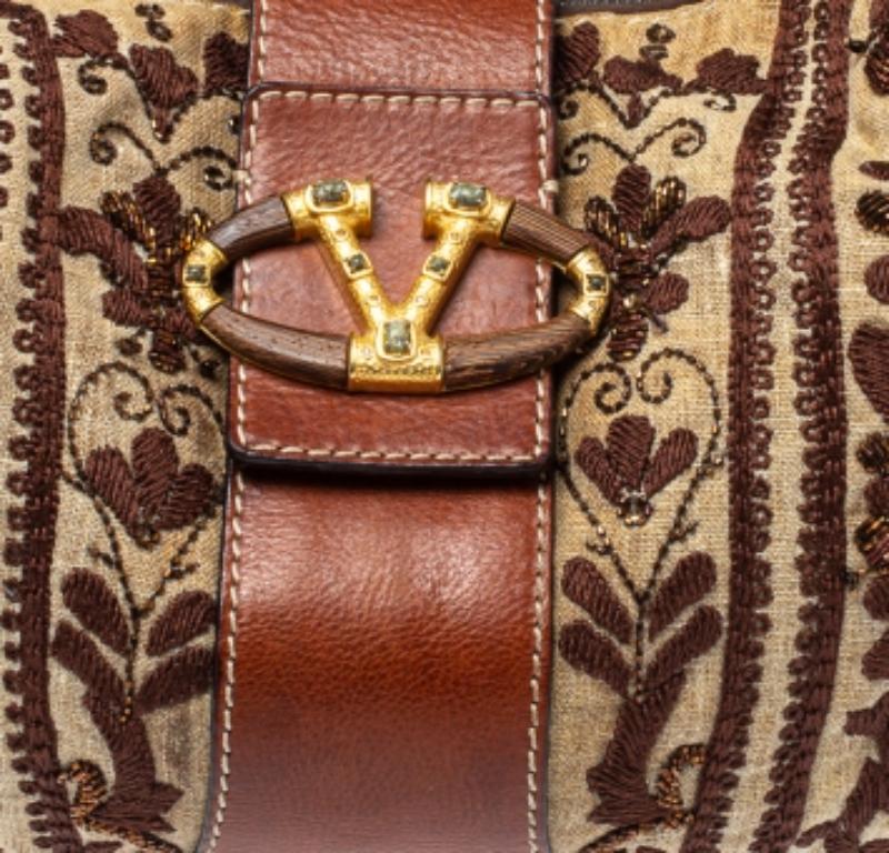 Valentino Beige/Brown Canvas And Leather Embroidered Hobo For Sale 1