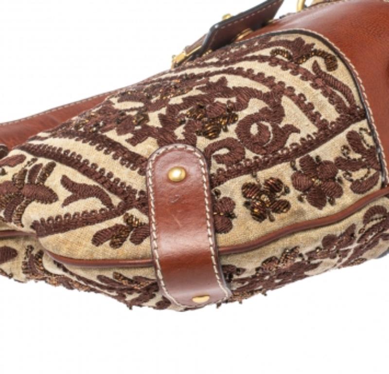 Valentino Beige/Brown Canvas And Leather Embroidered Hobo For Sale 2