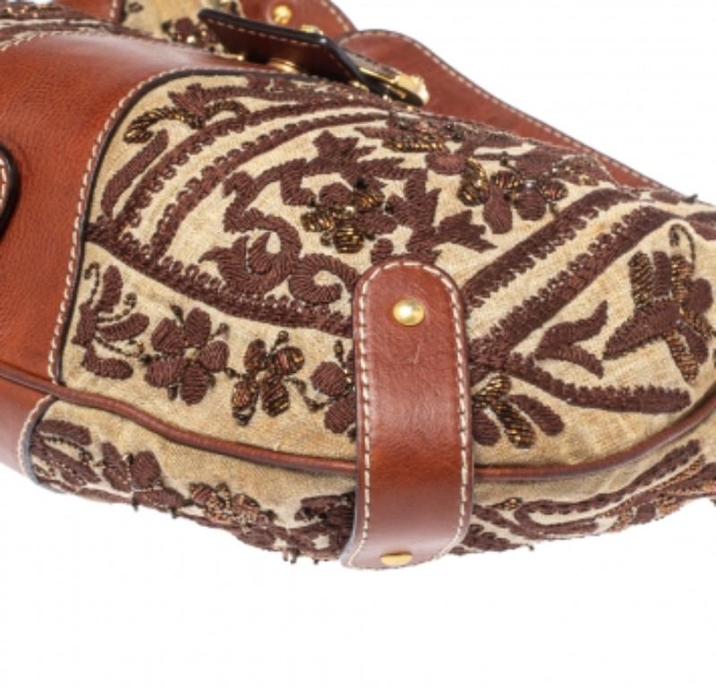 Valentino Beige/Brown Canvas And Leather Embroidered Hobo For Sale 3