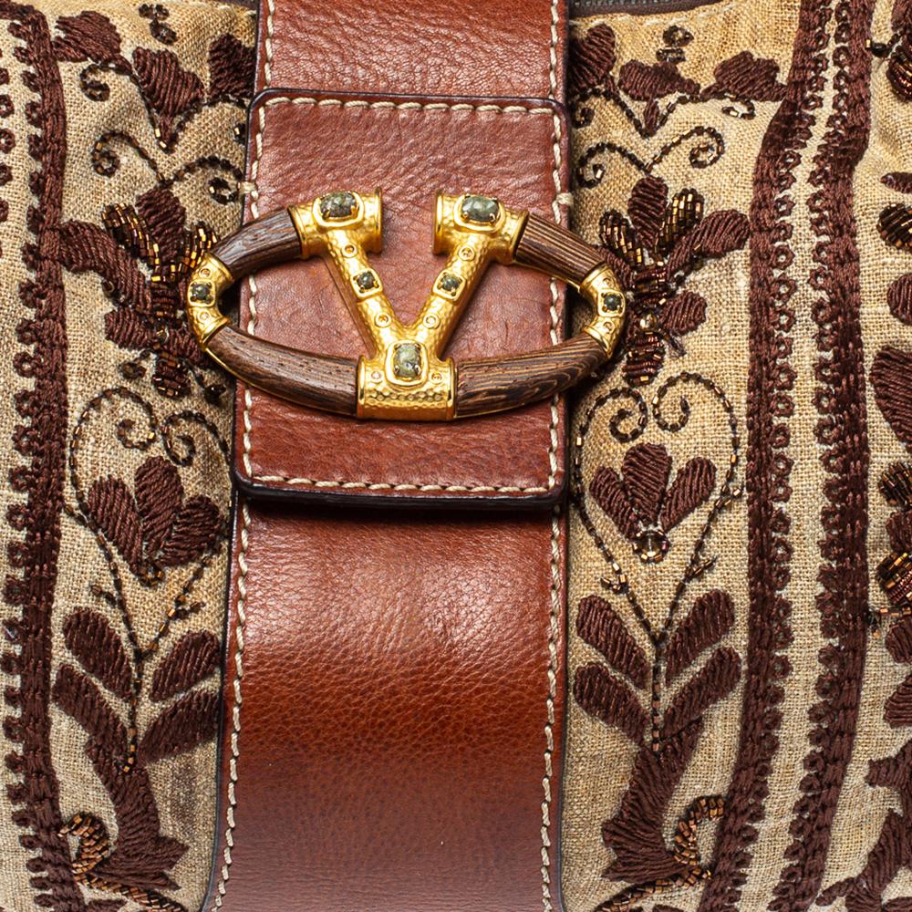 Hobo bordado de lona y piel beige/marrón Valentino 3