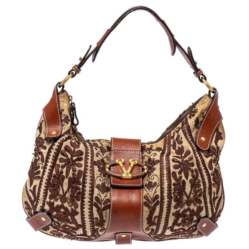 Valentino Beige/Brown Canvas And Leather Embroidered Hobo For Sale