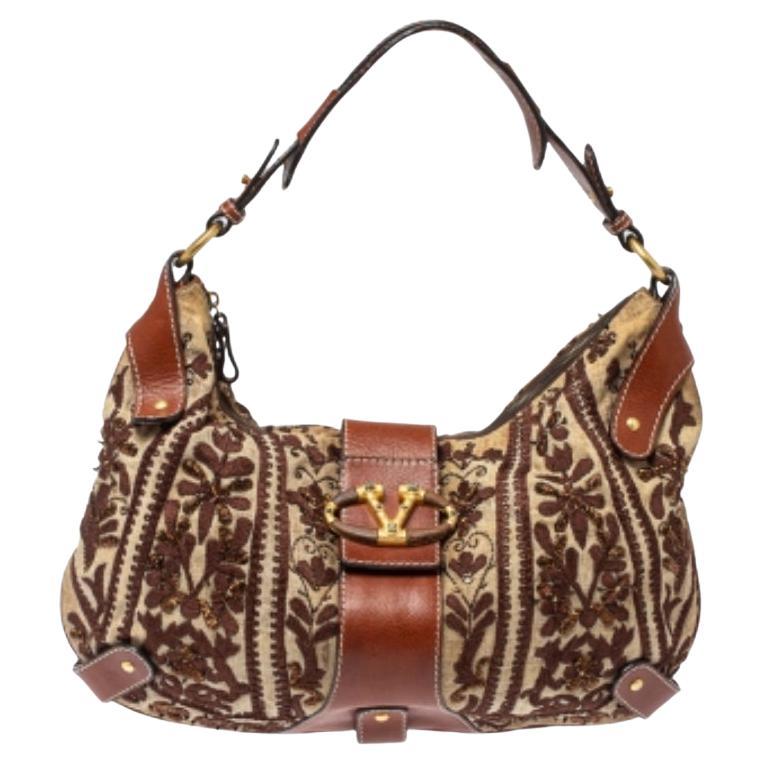 Valentino Beige/Brown Canvas And Leather Embroidered Hobo For Sale