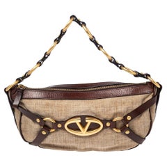 Valentino Beige/Brown Canvas and Leather V-Logo Pochette Bag