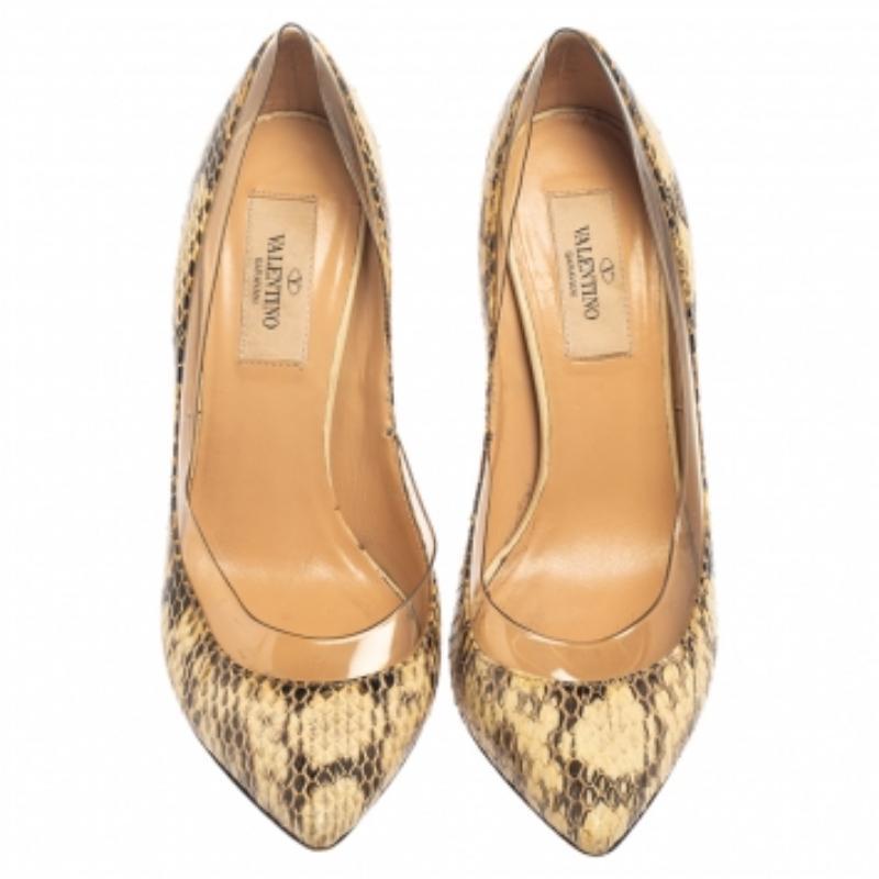 Women's Valentino Beige/Brown Python Leather And PVC  Embellishment Pumps Size 36 For Sale