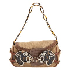 Valentino Beige/Brown Straw and Croc Embossed Leather Tiger Embellished Shoulder