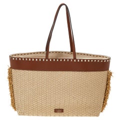 Valentino Beige/Brown Straw and Leather Rockstud Tote