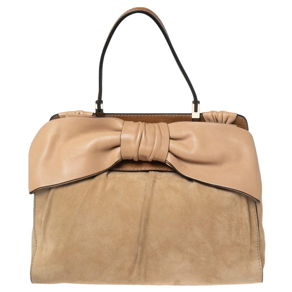 Valentino Beige/Brown Suede and Leather Aphrodite Bow Top Handle Bag 4